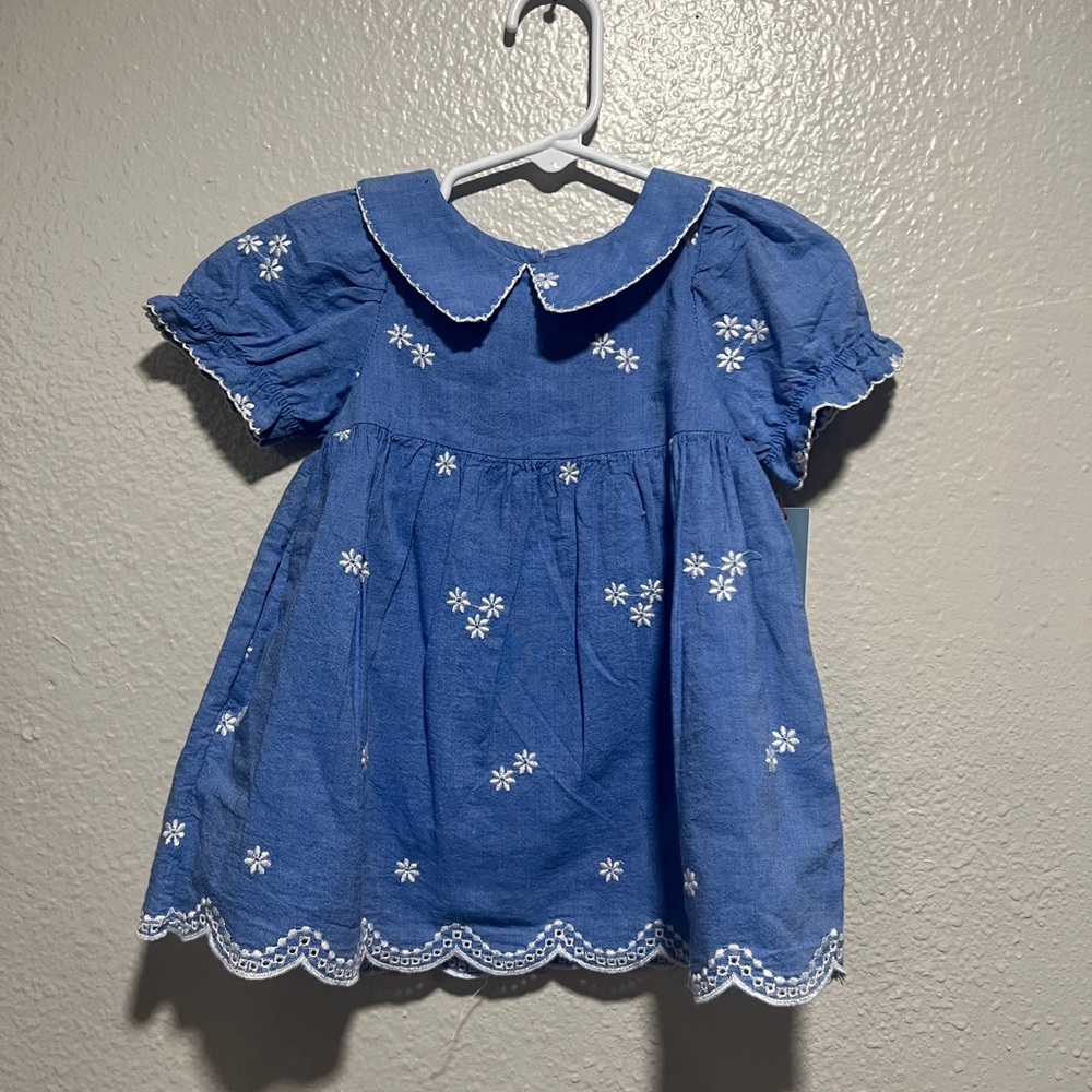 Blue Dress with White Floral Embroidery